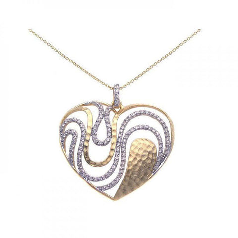 Sterling Silver Gold Plated Necklace with Two-Toned Heart Wavy Design Inlaid with Clear Czs Pendant