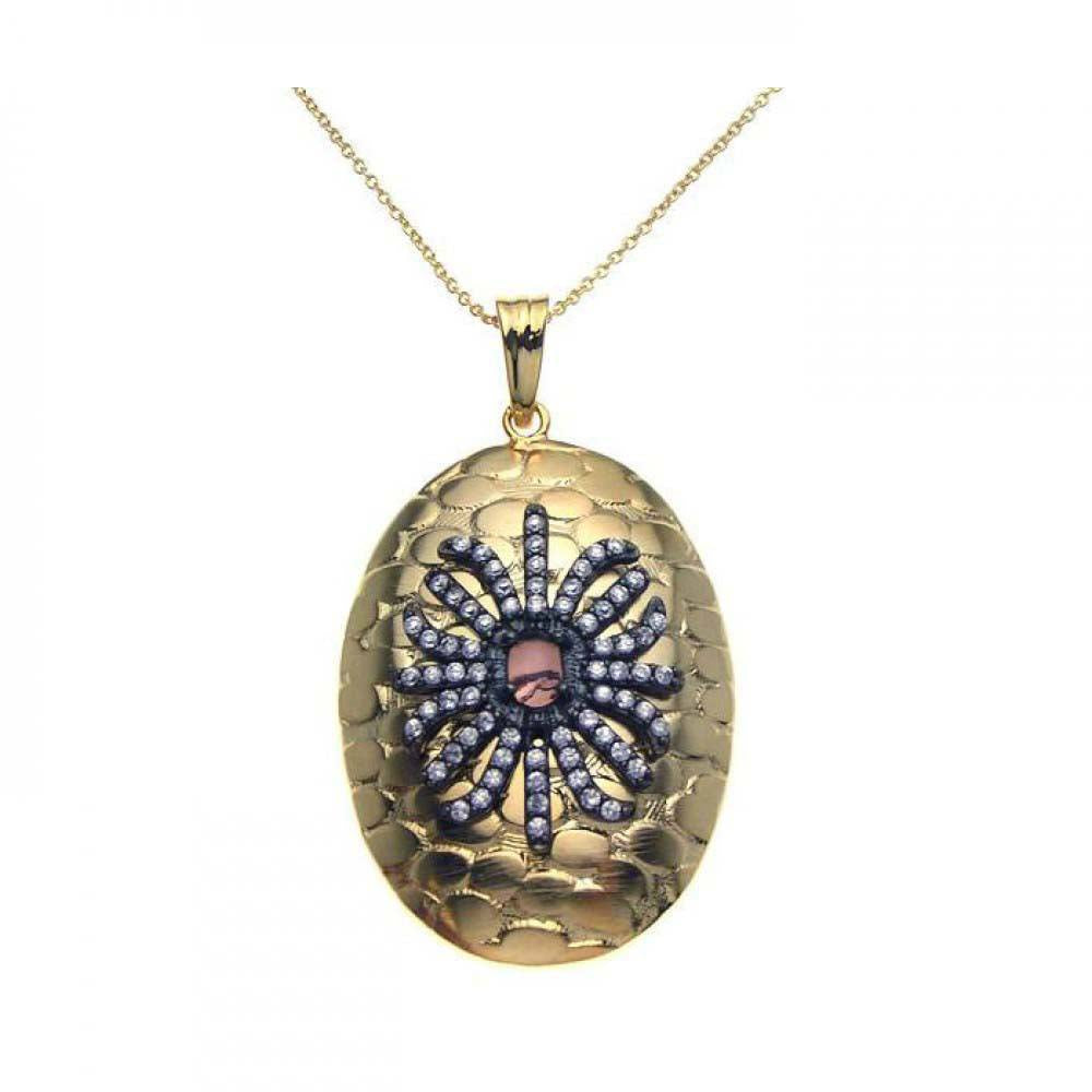 Sterling Silver Gold Plated Necklace with Oval Hammered Texture Pendant Inlaid with Clear Czs Fancy Pattern Design