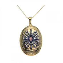 Load image into Gallery viewer, Sterling Silver Gold Plated Necklace with Oval Hammered Texture Pendant Inlaid with Clear Czs Fancy Pattern Design