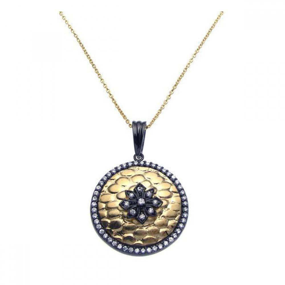 Sterling Silver Gold Plated Necklace with Fancy Black Plated Round Hamered Texture Pendant Inlaid with Clear Czs and Flower Shaped Design