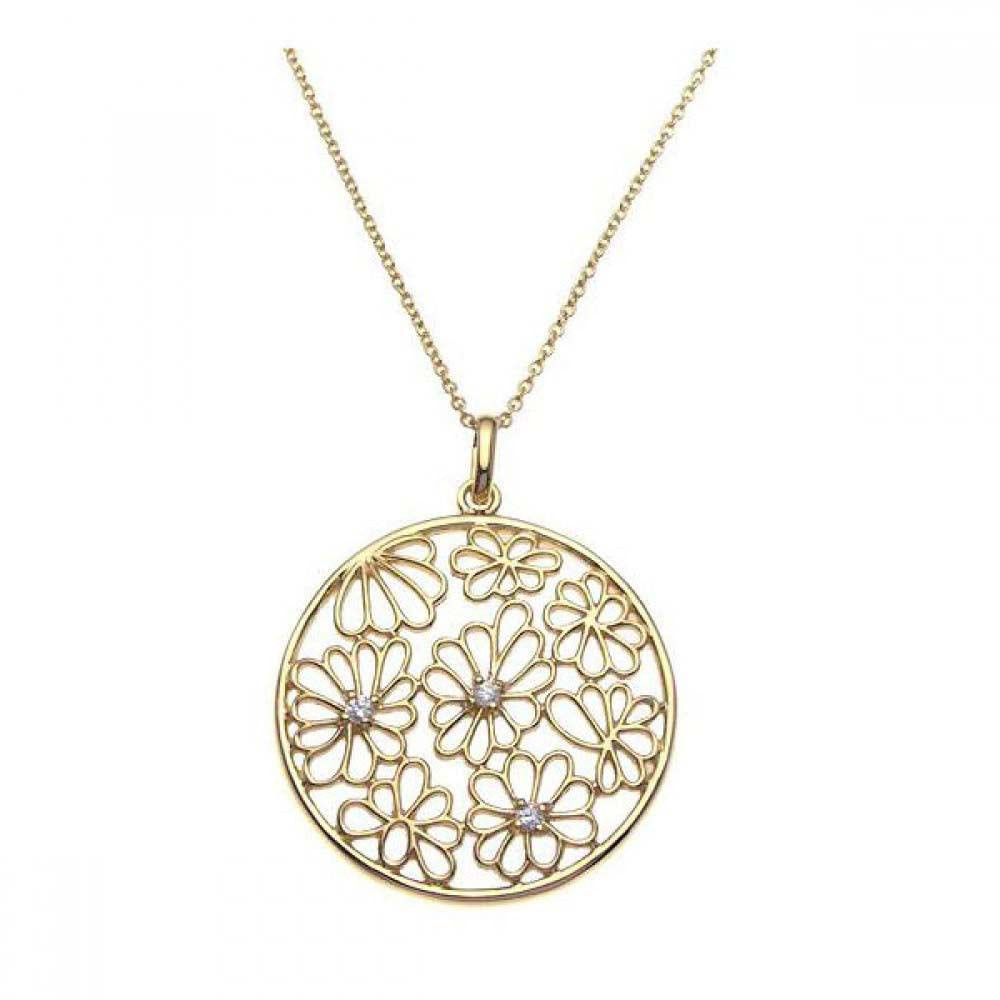Sterling Silver Gold Plated Necklace with Stylish Round Cut-Out Flower Design Inlaid with Clear Czs Pendant