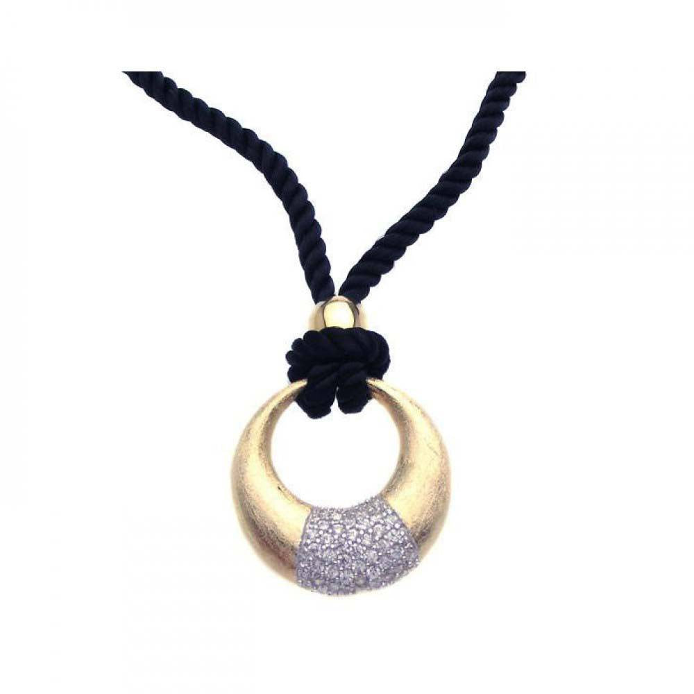 Sterling Silver Black Cord Necklace with Gold Plated Matte Finish Open Circle Pendant Inlaid with Micro Paved Clear Czs