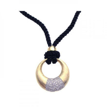 Load image into Gallery viewer, Sterling Silver Black Cord Necklace with Gold Plated Matte Finish Open Circle Pendant Inlaid with Micro Paved Clear Czs