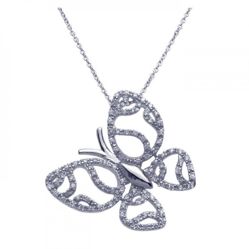 Sterling Silver Necklace with Fancy Paved Cut-Out Butterfly Pendant