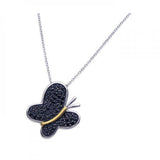 Sterling Silver Necklace with Paved Black Czs Butterfly Pendant with Centered Gold Plated Line Design