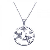 Sterling Silver Necklace with Classy Open Circle Butterfly and Flower Design Inlaid with Clear Czs Pendant