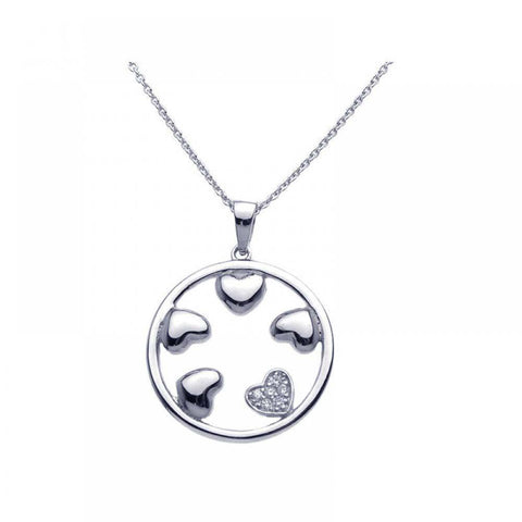 Sterling Silver Necklace with Open Circle and Multi Heart Design with Clear Czs Pendant