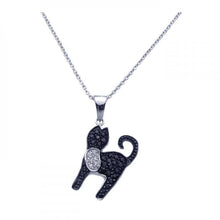 Load image into Gallery viewer, Sterling Silver Necklace with Black Rhodium Plated Cat Inlaid with Black and Clear Czs Pendant