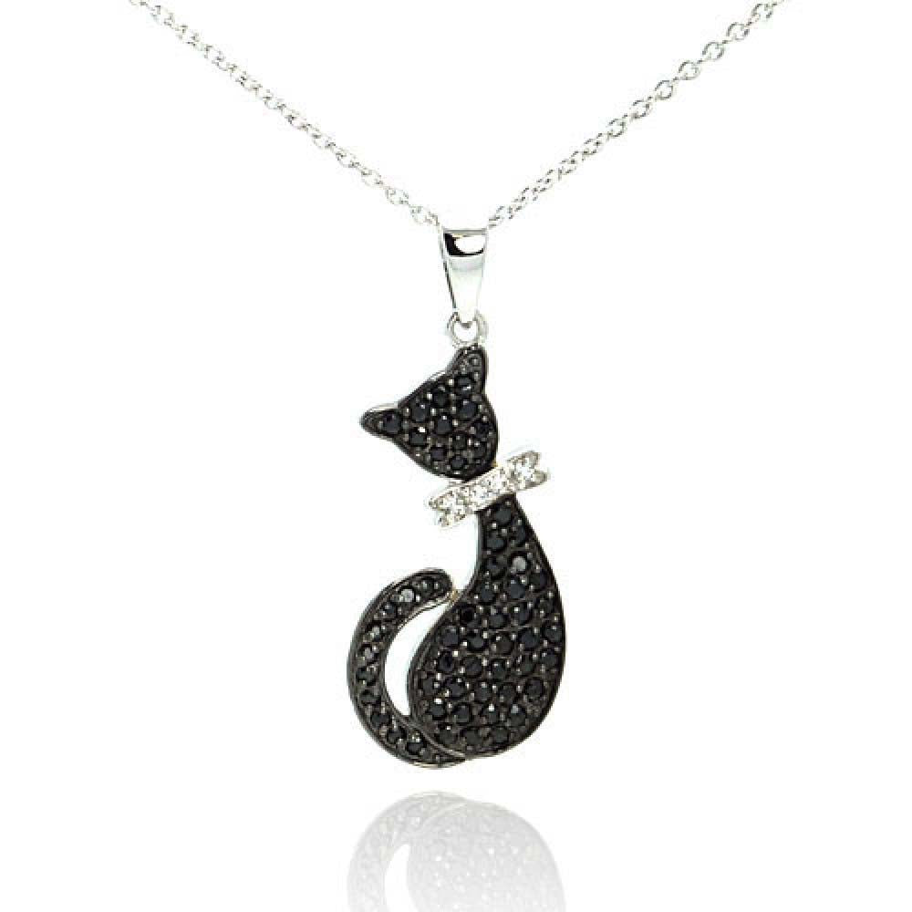 Sterling Silver Necklace with Fancy Paved Black Cz Cat with Clear Cz Bow Pendant