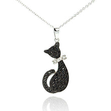 Load image into Gallery viewer, Sterling Silver Necklace with Fancy Paved Black Cz Cat with Clear Cz Bow Pendant