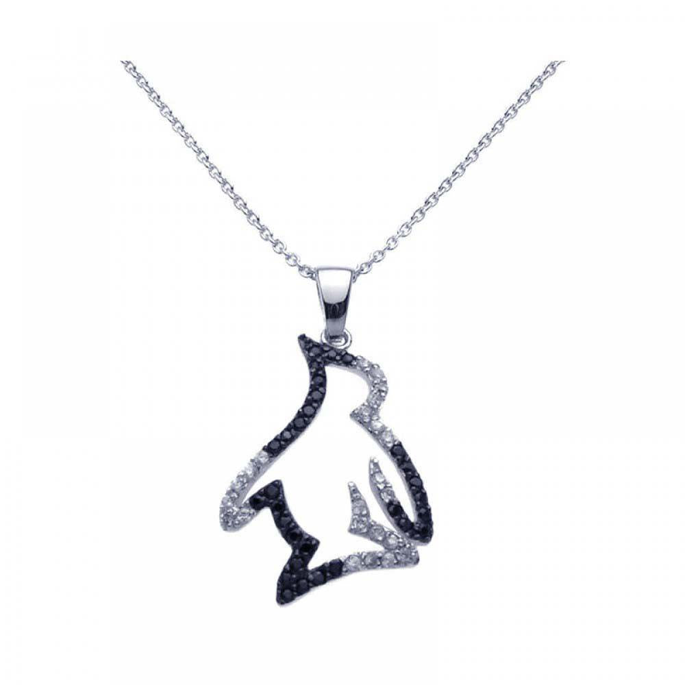 Sterling Silver Necklace with Trendy Open Paved Black & Clear Czs Penguin Pendant