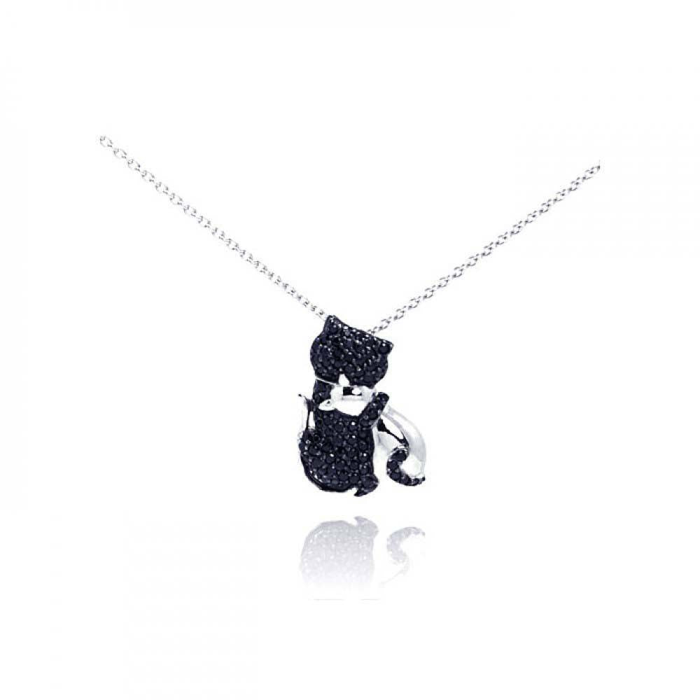 Sterling Silver Necklace with Fancy Paved Black Czs Cat Pendant