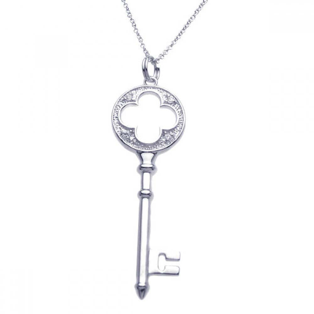 Sterling Silver Necklace with Stylish Open Clover Key Inlaid with Clear Czs Pendant