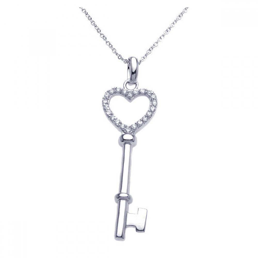 Sterling Silver Necklace with Trendy Heart Key Inlaid with Clear Czs Pendant