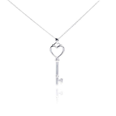 Sterling Silver Necklace with Plain Heart Key Inlaid with Clear Cz Pendant