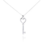 Sterling Silver Necklace with Plain Heart Key Inlaid with Clear Cz Pendant