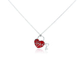 Sterling Silver Necklace with Love Red Heart and Key Inlaid with Clear Czs Pendant