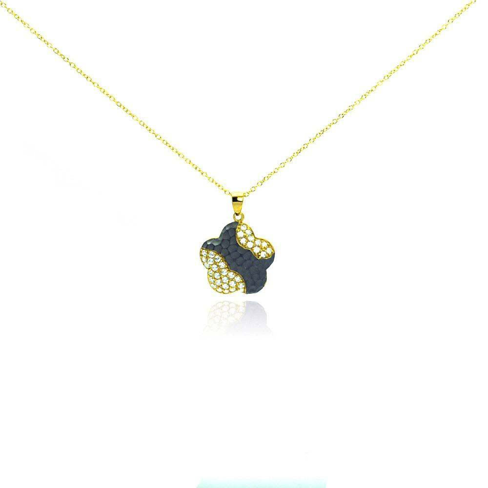 Sterling Silver Gold Plated Necklace with Two-Toned Small Flower Inlaid with Clear Czs Pendant