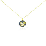 Sterling Silver Gold Plated Necklace with Small Round Pendant Inlaid with Clear Czs Butterfly Design