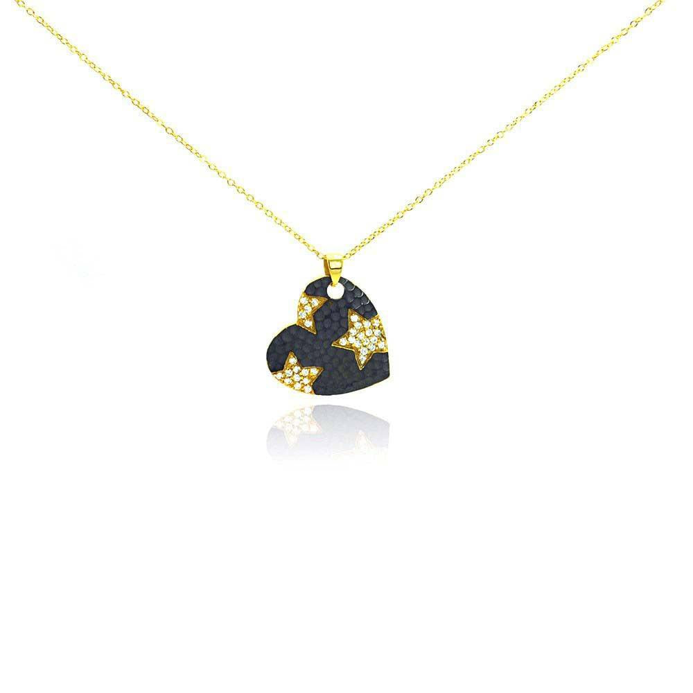 Sterling Silver Gold Plated Necklace with Two-Toned Hammered Heart with Stars Design Inlaid with Clear Czs Pendant