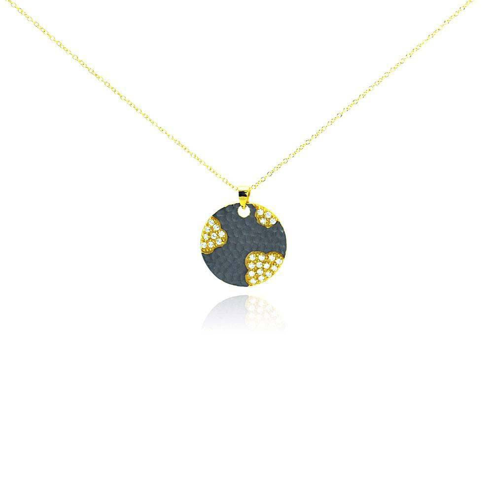 Sterling Silver Gold Plated Necklace with Two-Toned Fancy Disc Inlaid with Clear Czs Pendant