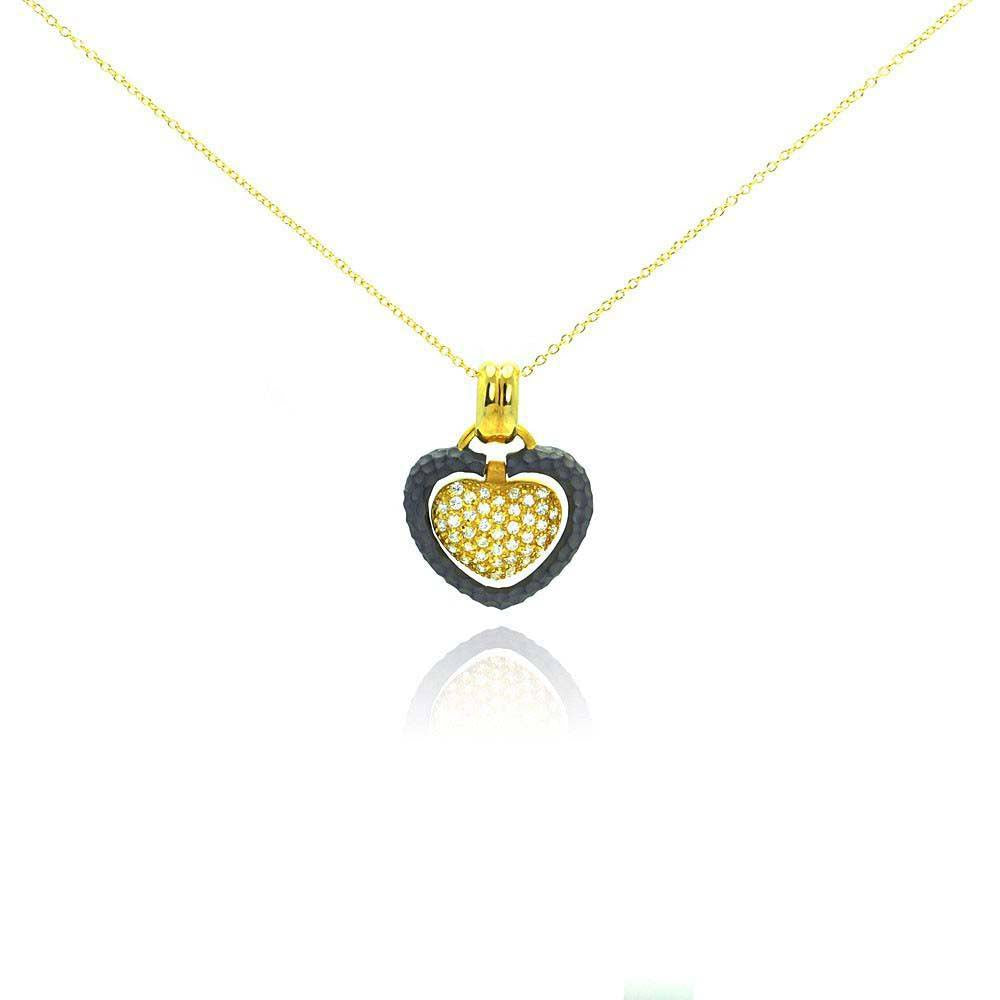 Sterling Silver Gold Plated Necklace with Fancy Two-Toned Heart Inlaid with Micro Paved Czs Pendant