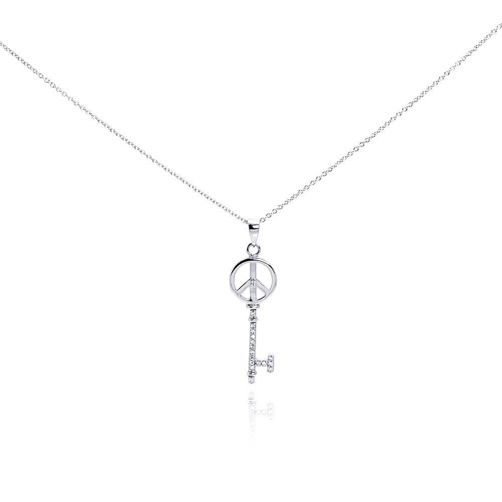 Sterling Silver Necklace with Peace Sign Inlaid with Clear Czs Pendant