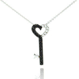 Sterling Silver Necklace with Black and Rhodium Plated Heart Key Inlaid with Black and Clear Czs Pendant