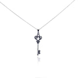 Sterling Silver Necklace with Black Rhodium Plated Fancy Filigree Heart Key Inlaid with Clear Czs Pendant