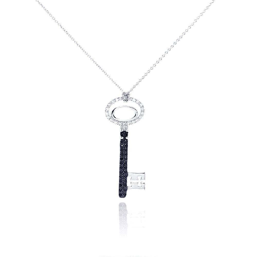 Sterling Silver Necklace with Black and Rhodium Plated Oval Key Inlaid with Black and Clear Czs Pendant