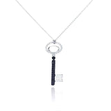 Sterling Silver Necklace with Black and Rhodium Plated Oval Key Inlaid with Black and Clear Czs Pendant