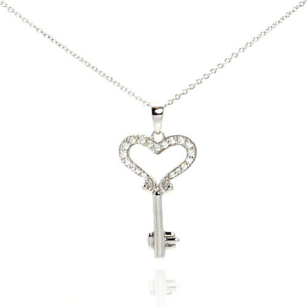 Sterling Silver Necklace with Trendy Heart Key Inlaid with Clear Czs Pendant