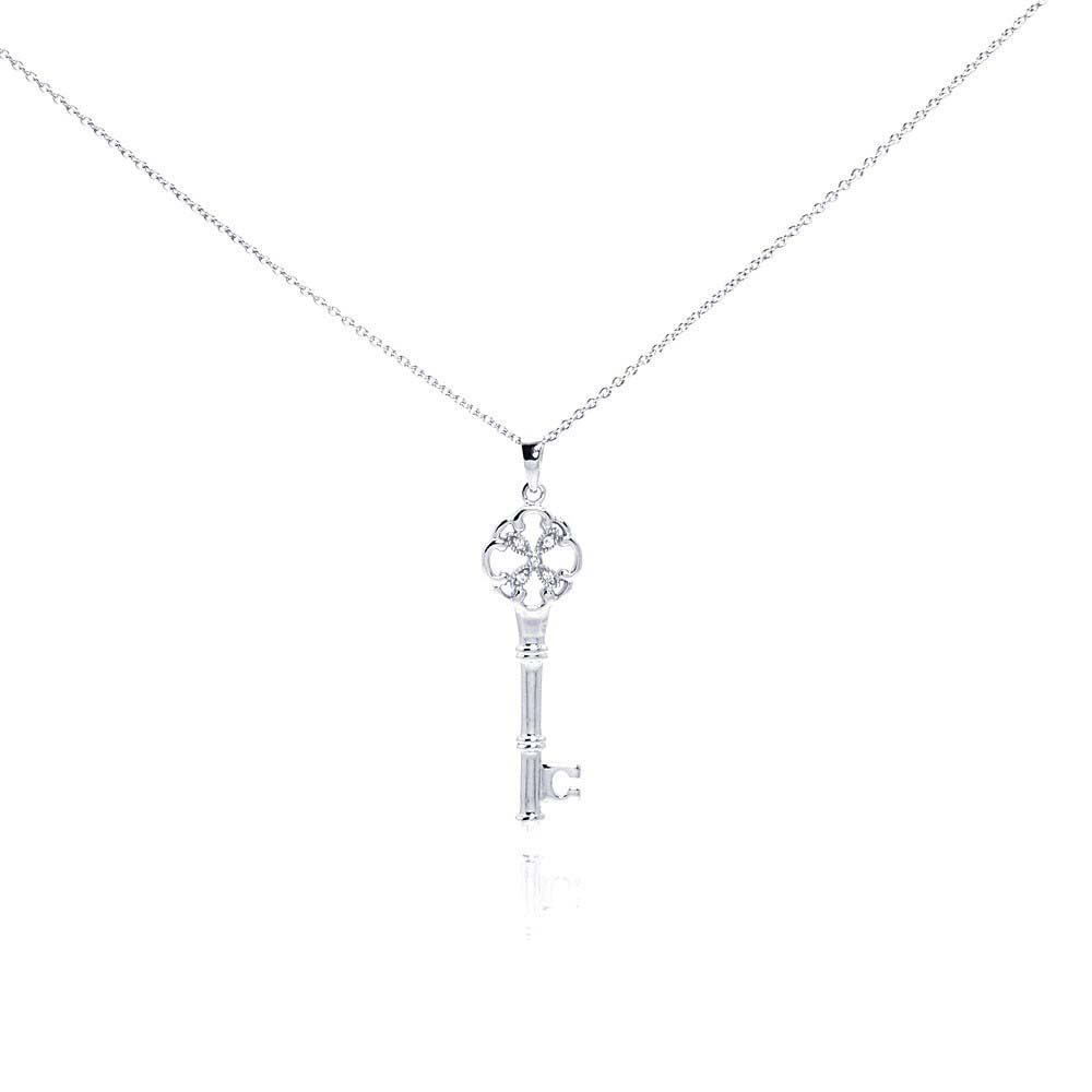 Sterling Silver Necklace with Fancy Flower Key Inlaid with Clear Czs Pendant