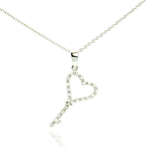 Sterling Silver Necklace with Classy Heart Key Inlaid with Clear Czs Pendant