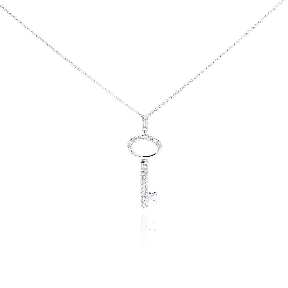 Sterling Silver Necklace with Paved Clear Czs Oval Key Pendant