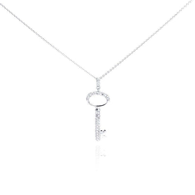 Sterling Silver Necklace with Paved Clear Czs Oval Key Pendant