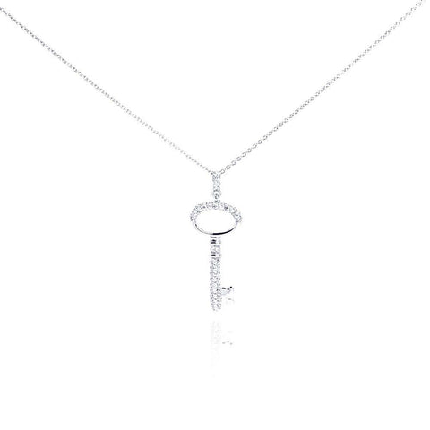 Sterling Silver Necklace with Paved Clear Czs Oval Key Pendant