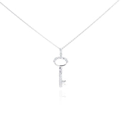 Sterling Silver Necklace with Paved Clear Czs Oval Key Pendant