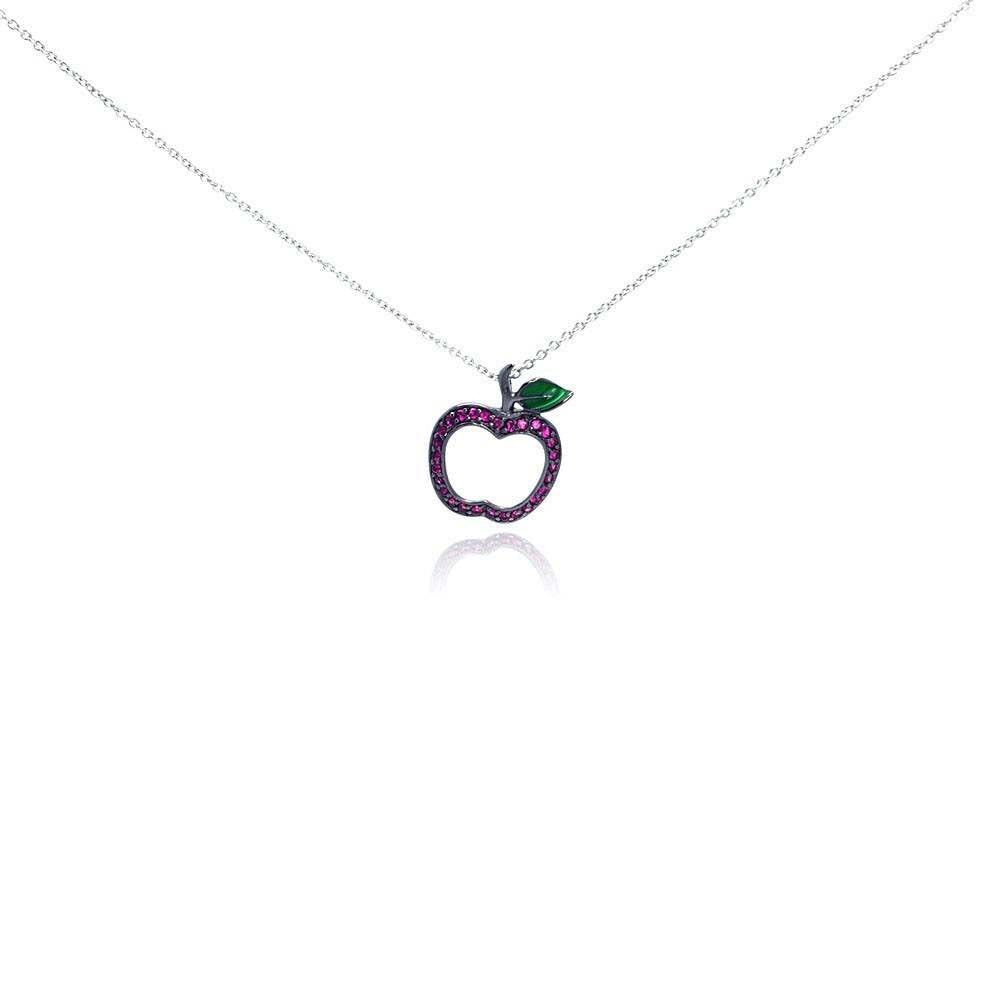 Sterling Silver Necklace with Paved Hot Pink Cz Apple Pendant