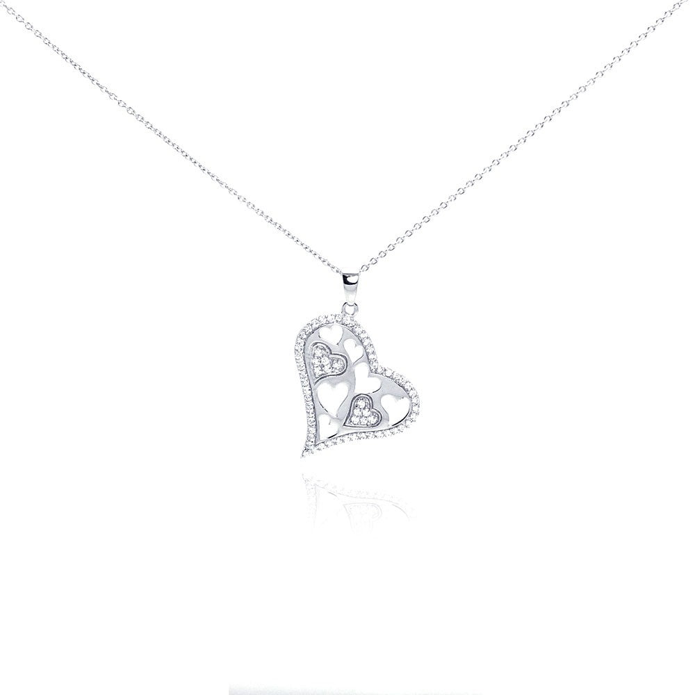 Sterling Silver Necklace with Stylish Heart Flower Vine Design Inlaid with Clear Czs Pendant
