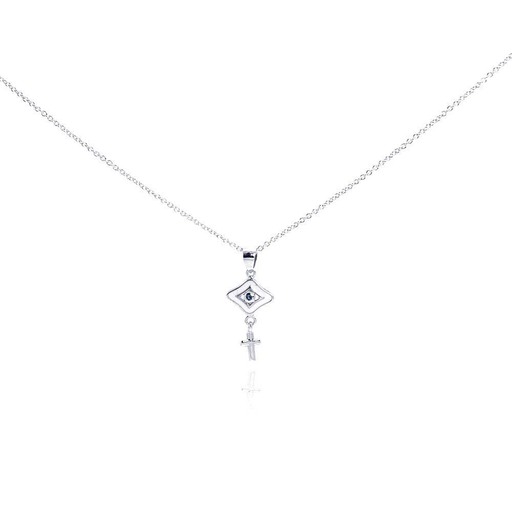 Sterling Silver Necklace with Modish Blue Sapphire Cz Evil Eye and Cross Pendant