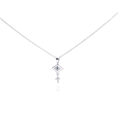 Sterling Silver Necklace with Modish Blue Sapphire Cz Evil Eye and Cross Pendant