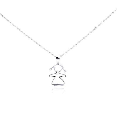 Sterling Silver Necklace with Plain Girl Inlaid with Two Clear Czs Pendant