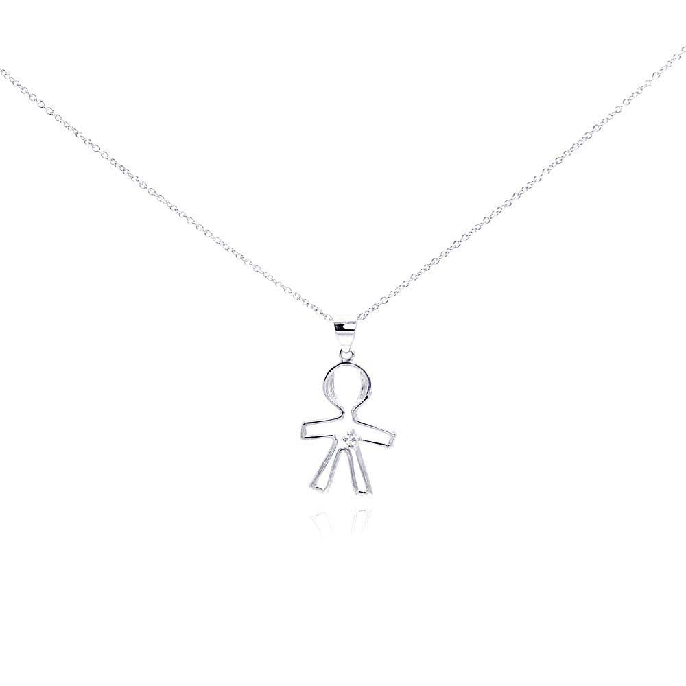 Sterling Silver Necklace with Plain Boy Inlaid with Single Clear Cz Pendant
