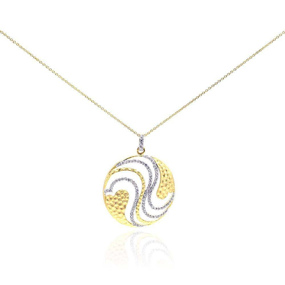 Sterling Silver Gold Plated Necklace with Round Disc Fancy Pattern Design Inlaid with Clear Czs Pendant