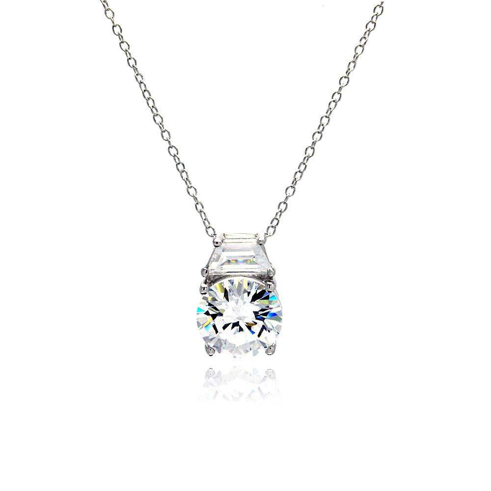 Sterling Silver Necklace with Classy Solitaire Round and Baguette Clear Cz Pendant