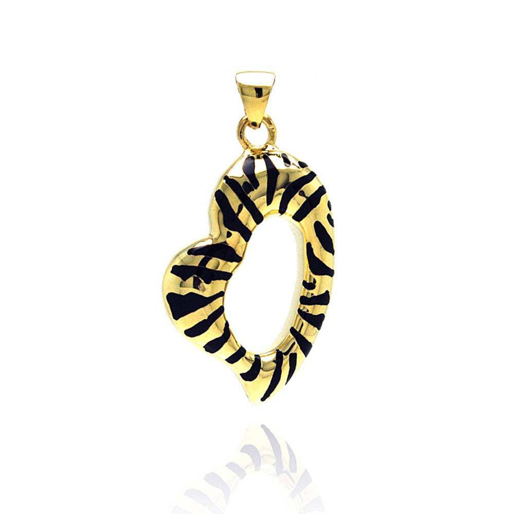 Genuine Black Leather Cord Necklace with Gold Plated Heart Animal Print Design Pendant