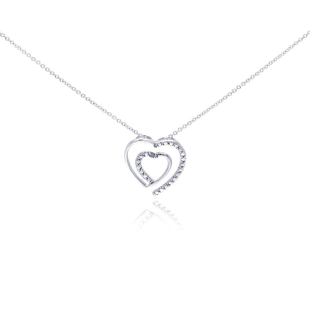 Sterling Silver Rhodium Plated Clear Diamond Heart Pendant Necklace