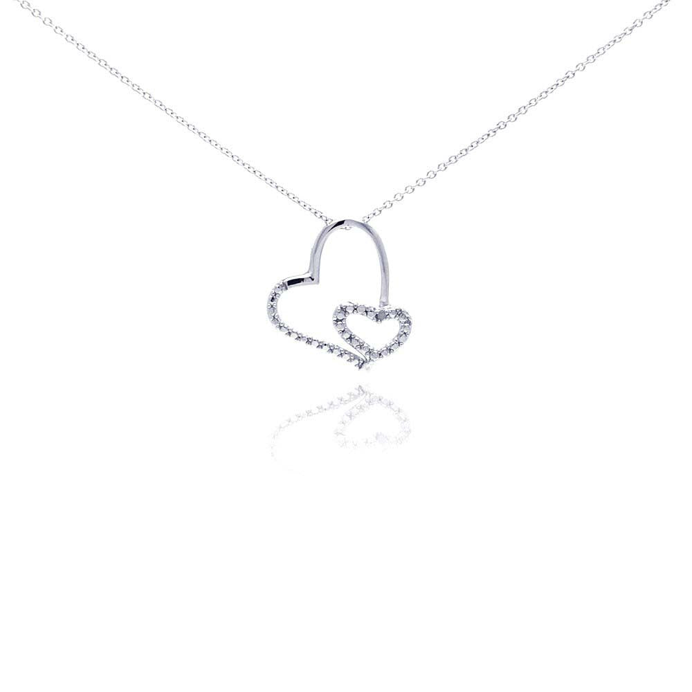 Sterling Silver Rhodium Plated Clear Diamond Heart Pendant Necklace