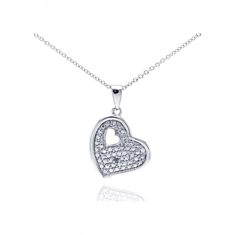 Sterling Silver Rhodium Plated Clear Diamond Heart Pendant Necklace